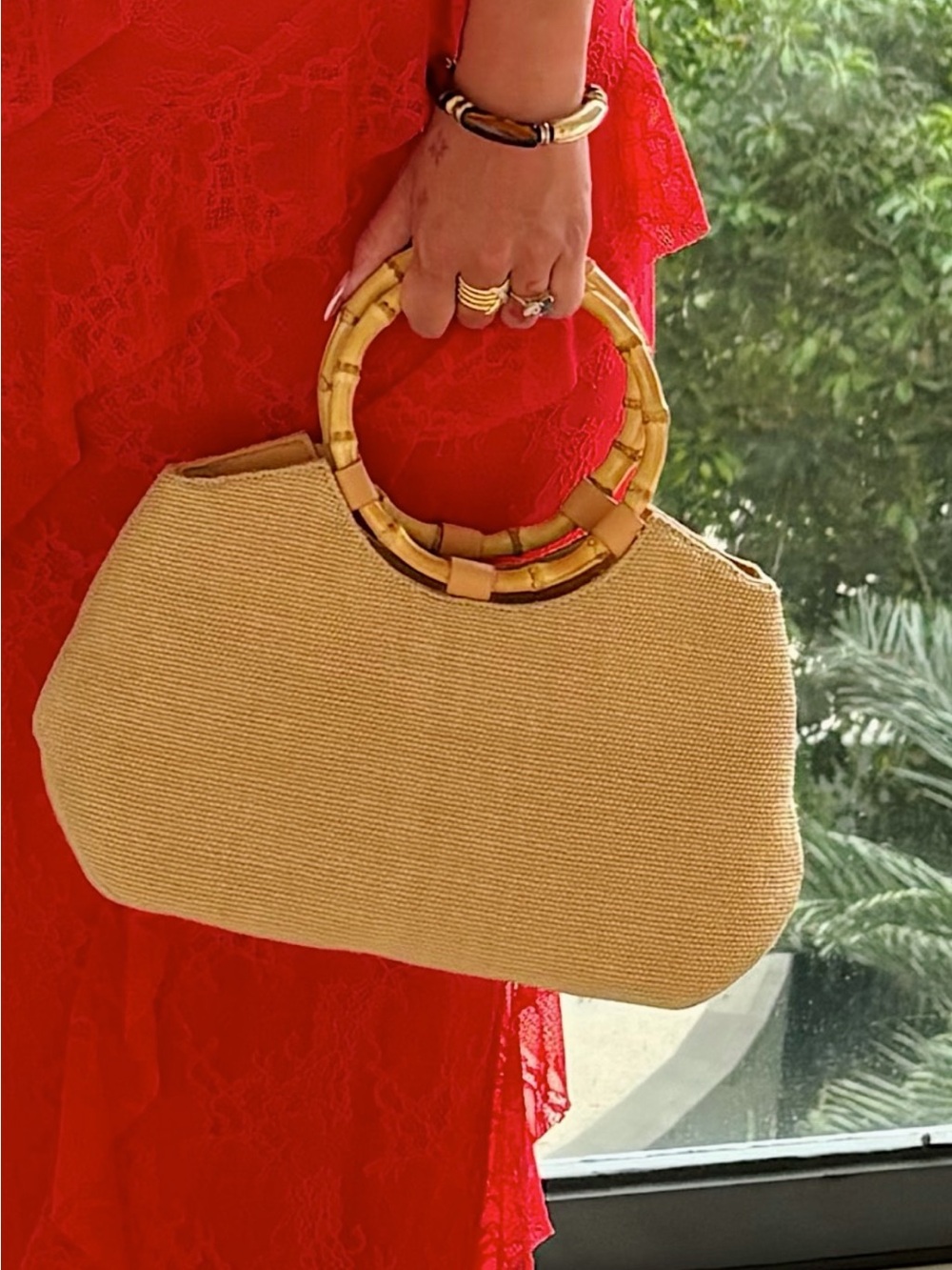 Handheld  Tote with Bamboo Ring Handles - Beige